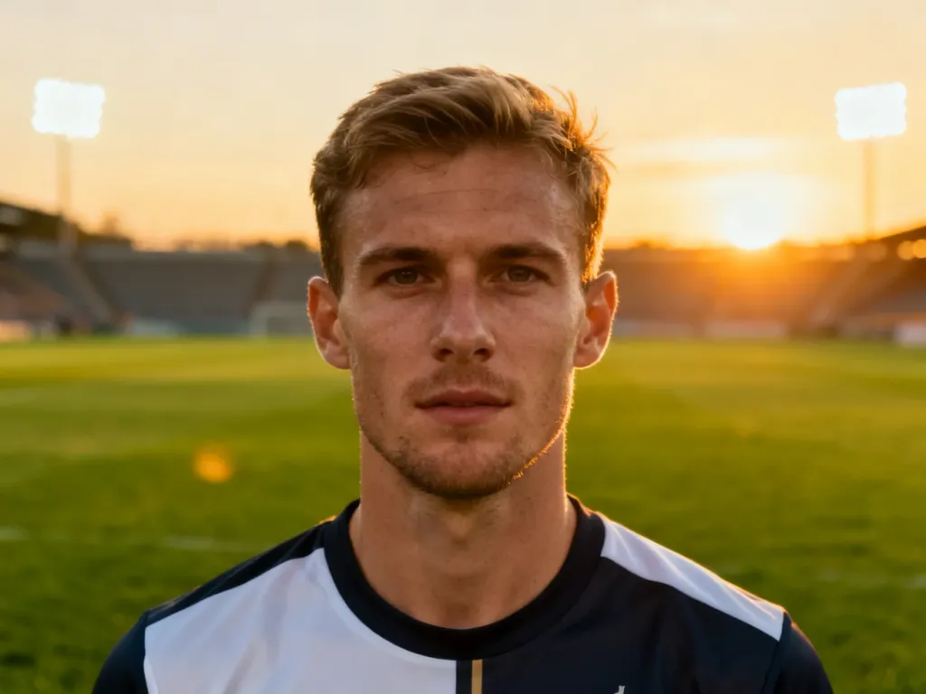 Portret piłkarza Tymoteusza Puchacza w stroju sportowym na tle murawy stadionu podczas zachodu słońca.
