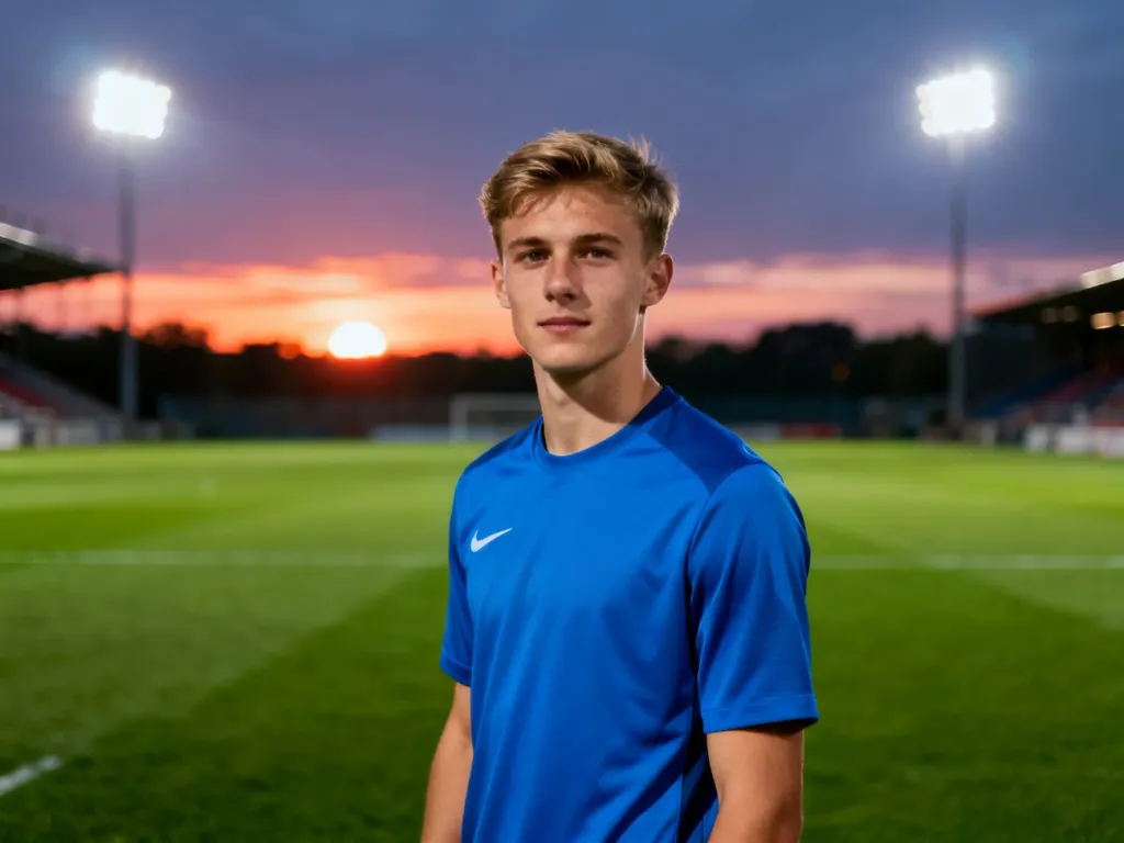 Cole Palmer w niebieskiej koszulce piłkarskiej na murawie stadionu podczas zachodu słońca.