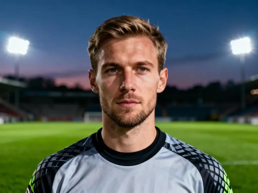Portret Wojciecha Szczęsnego w stroju bramkarskim na tle murawy stadionu w świetle jupiterów.