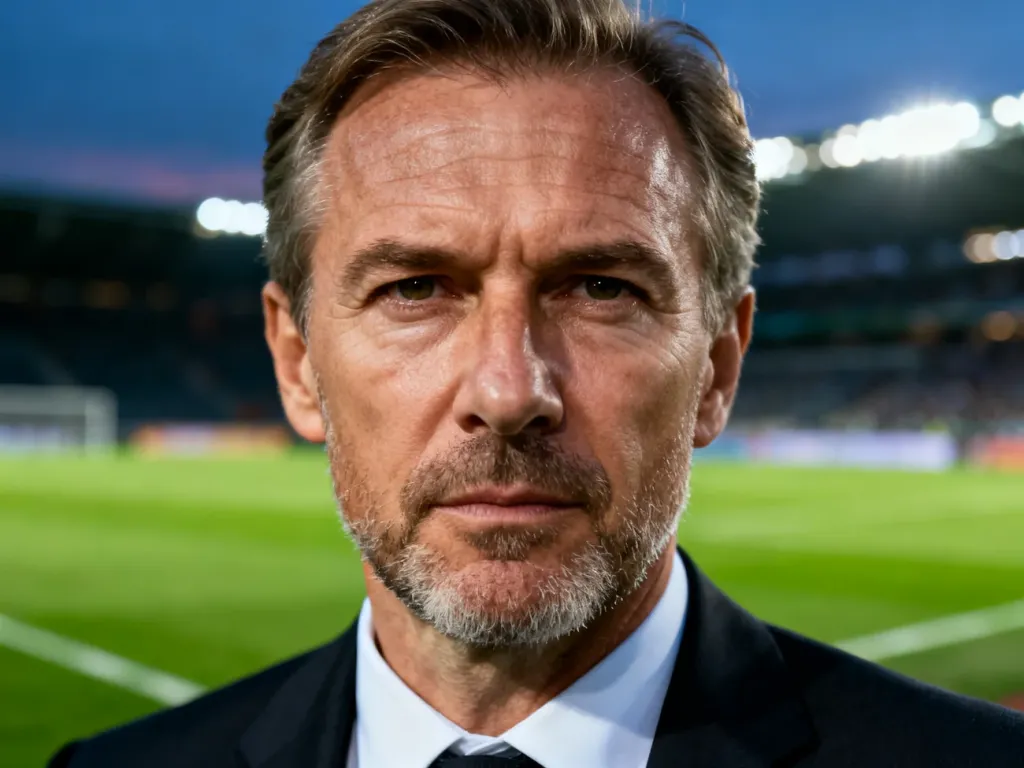 Portret Michała Probierza w garniturze na tle oświetlonego stadionu piłkarskiego.