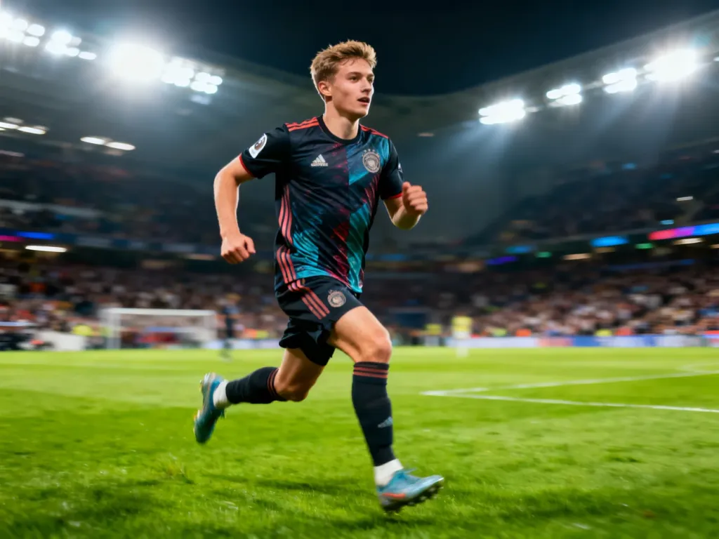 Afimico Pululu w dynamicznym biegu podczas meczu piłkarskiego na stadionie.