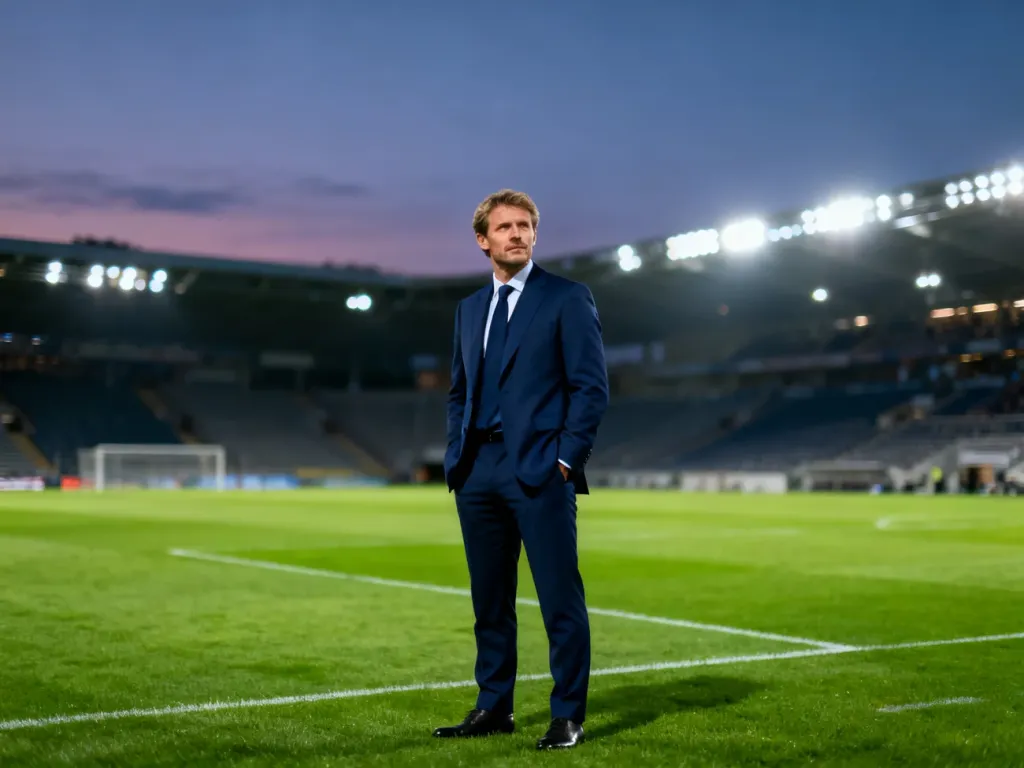 Portret Fernando Santosa w eleganckim garniturze na tle murawy stadionu piłkarskiego.