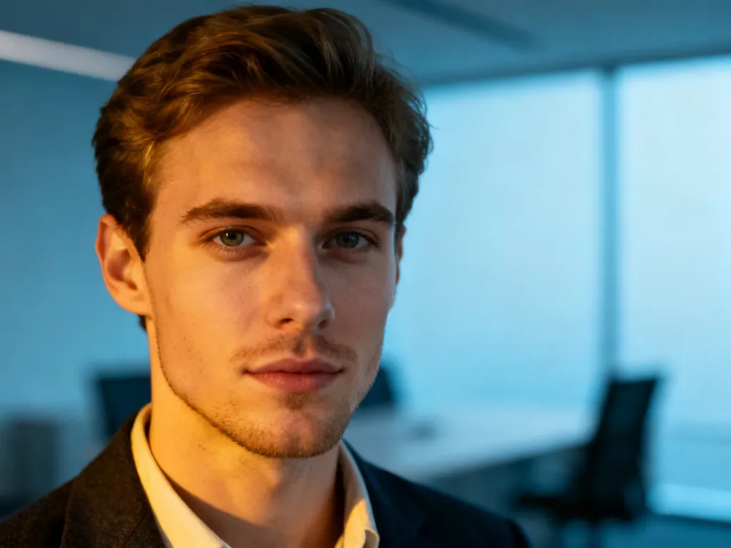 Profesjonalny portret Oskara Pietuszewskiego w stylu smart-casual na tle nowoczesnego biura.