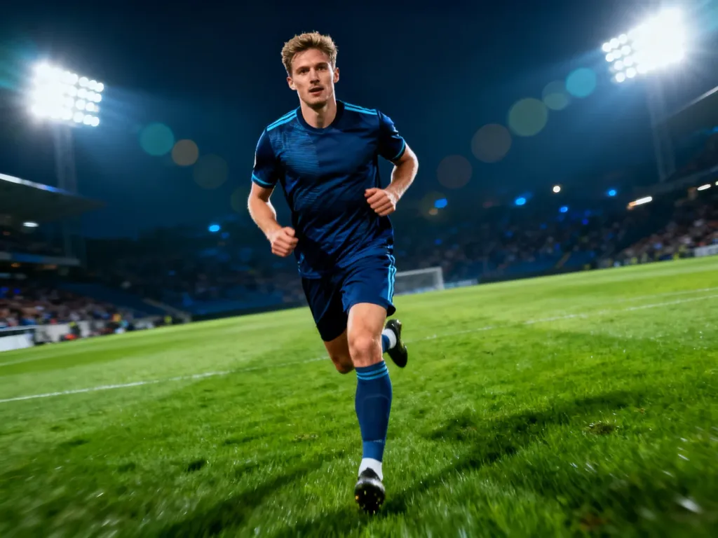 Harry Kane w pełnym skupieniu biegnie po murawie stadionu podczas profesjonalnego meczu piłkarskiego.