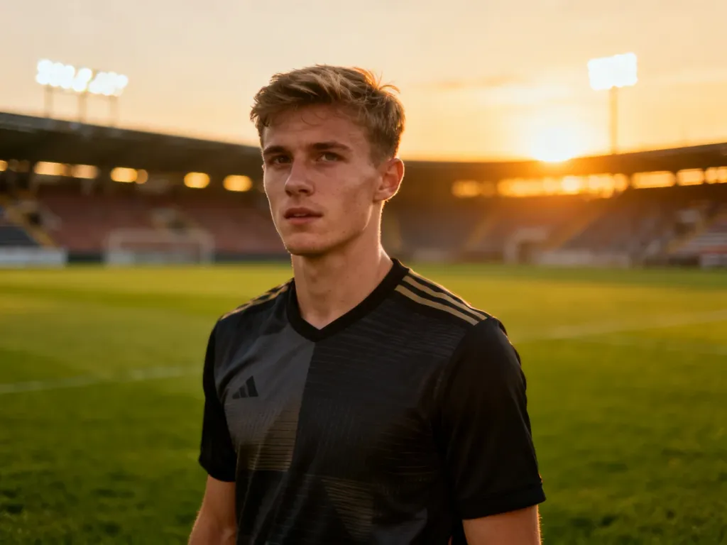 Portret piłkarza Gaviego w stroju sportowym na murawie stadionu podczas zachodu słońca.