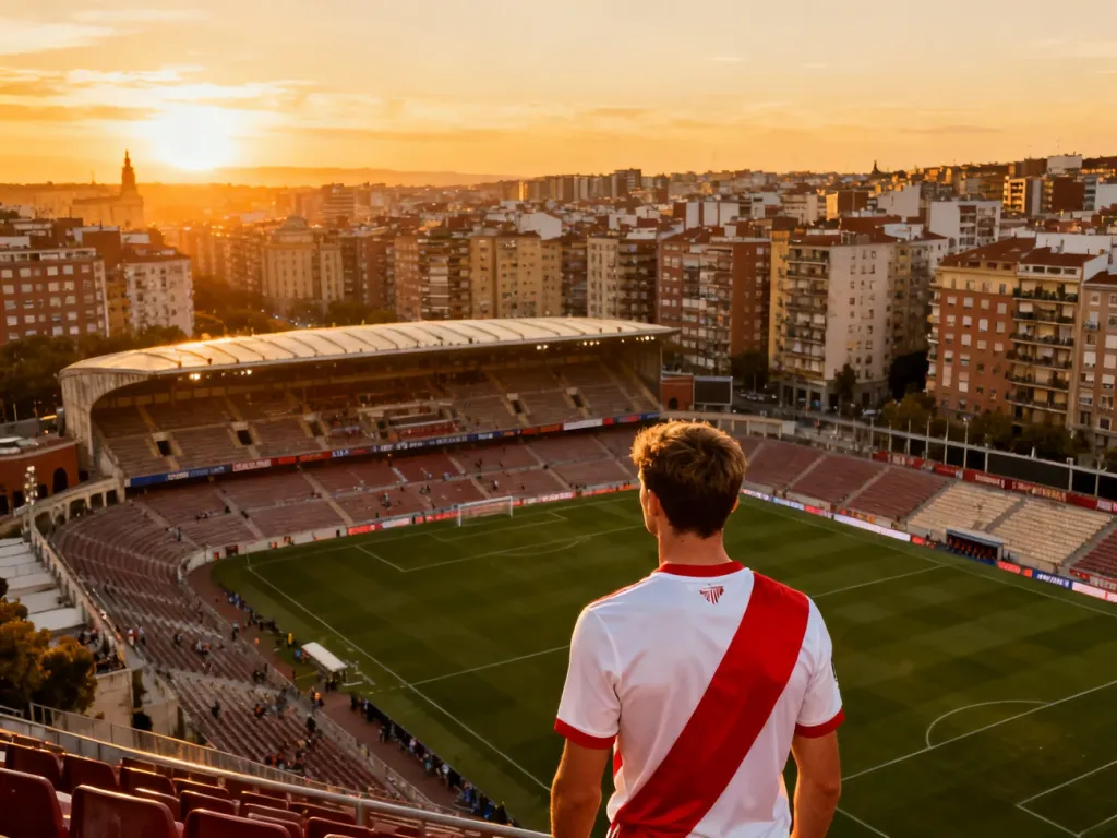 Piłkarz Rayo Vallecano na murawie stadionu w Madrycie o zachodzie słońca, w otoczeniu charakterystycznej zabudowy.