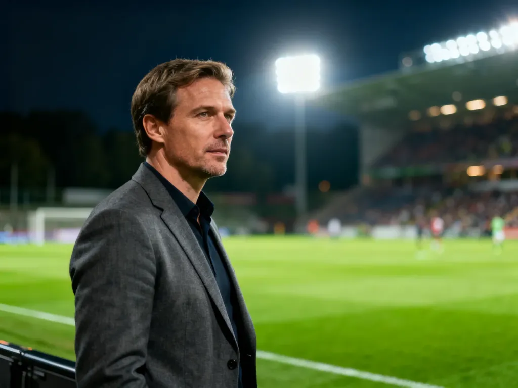 Marek Papszun na murawie stadionu podczas meczu piłkarskiego w wieczornym oświetleniu.