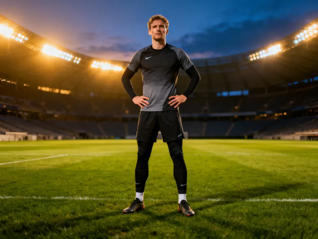 Erling Haaland w profesjonalnym stroju piłkarskim na murawie stadionu w świetle reflektorów.